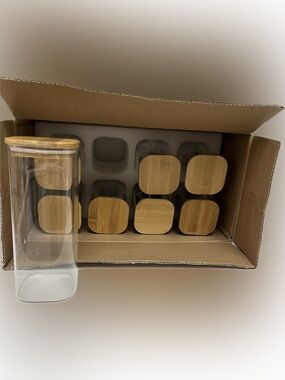 Set of Bamboo Lidded Glass Storage Jars - 8 Pack 8”